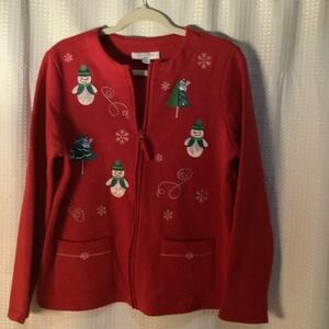 Breckenridge Women's Petite Red Large Snowman Zip Up Appliqué Fleecy Holiday Sno